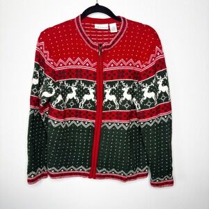 Vintage 90s Wool Fair Isle Cardigan Size‎ S Sweater Holiday Reindeer Zip Up